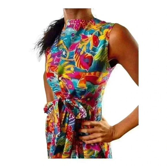 Vintage 90s CAROLINE CLASSICS GIRLS Dress SIZE 14 Bright Beach Floral Adult XS - Picture 2 of 9